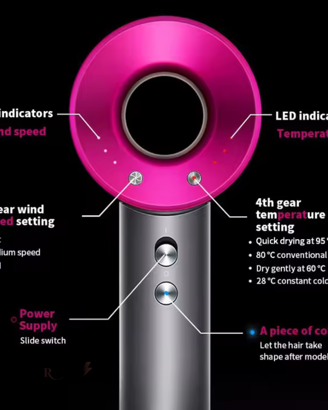 Secador iónico tipo dyson con accesorios