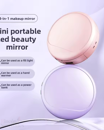Espejo portátil led blanco powerbank con calentador Espejo de maquillaje LED portátil con carga, espejo de belleza inteligente con calefacción